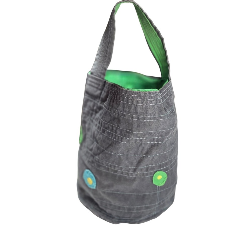 Handmade Gray Quilted Cotton Bucket Bag Green Lining Floral Applique Boho Tote